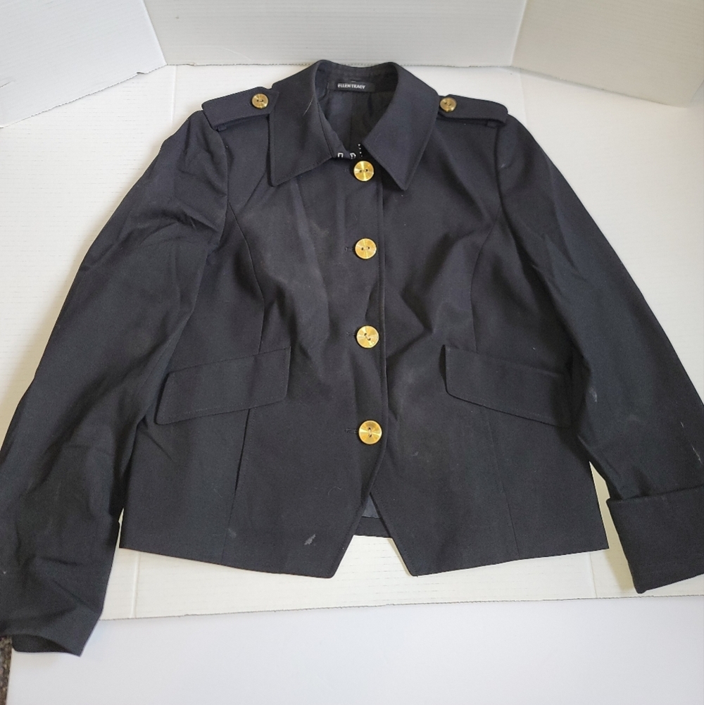 Ellen Tracy Wool Jacket Flip Cuffs Epaulets Military Women sz 8